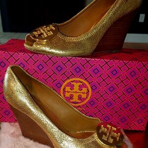 Tory Burch Gold Peep Toe "Sally" Wedge Heels with Metallic Shine